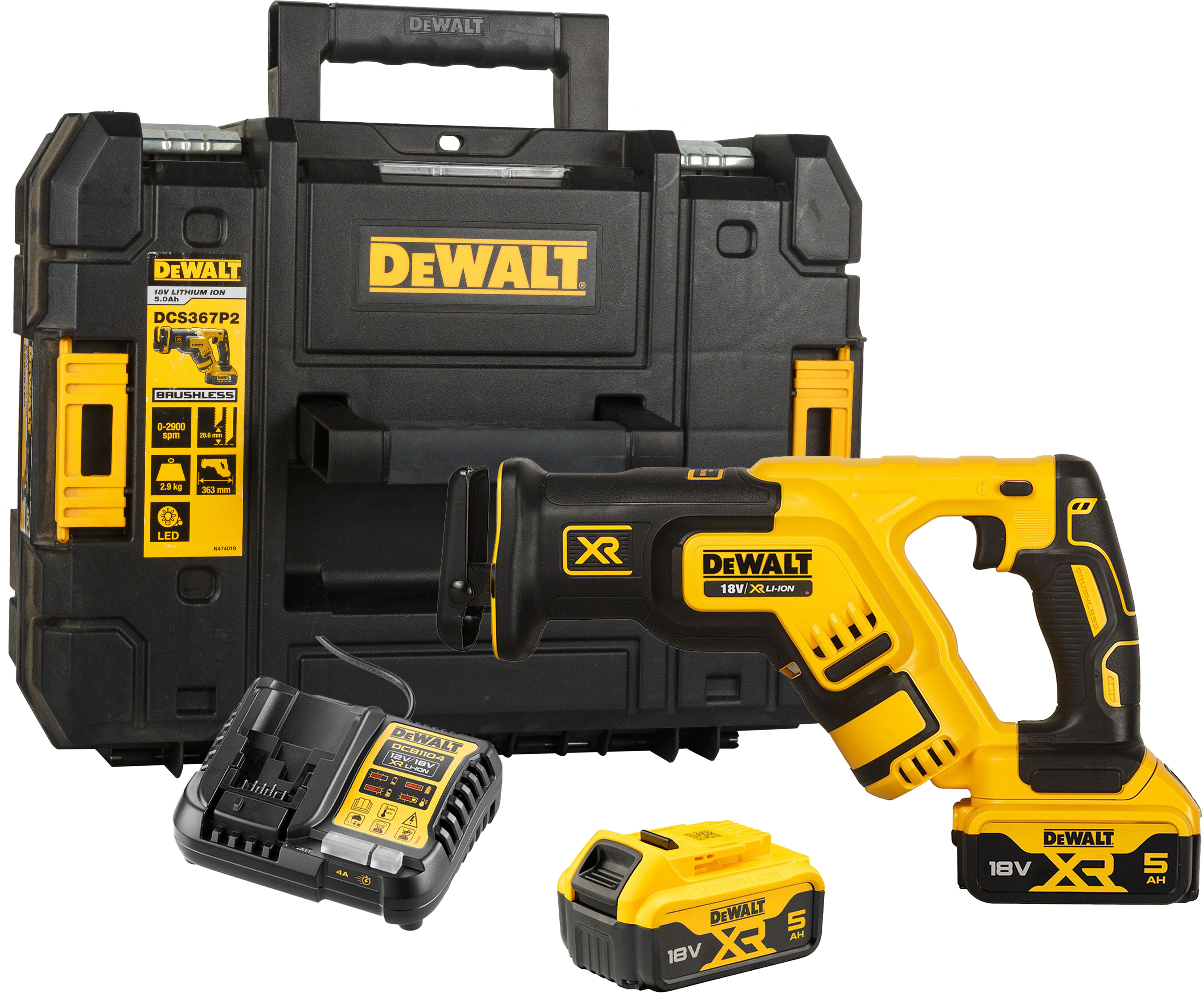 Scie Sabre DeWalt XR 18V Brushless - DCS367P2-QW - 2900tr/min, Coupe Bois 300mm - Avec 2 Batteries 5Ah Et Coffret