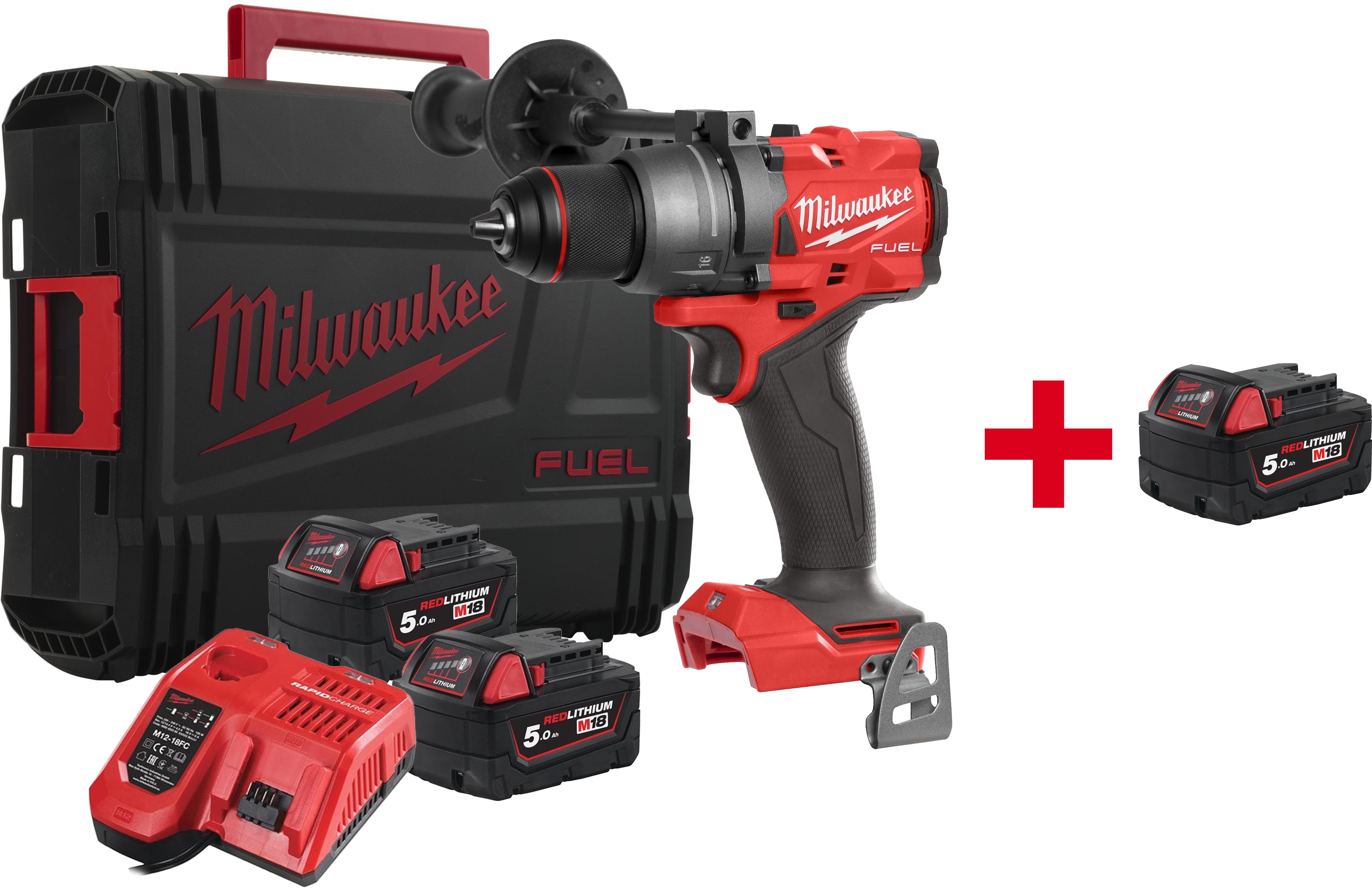 MILWAUKEE M18 FDD3-502X FUEL cordless screwdriver in HD Box (2x 5.0Ah battery + charger) - 4933479863